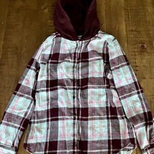 SO Burgundy and Pink Hooded Flannel Button Down Shirt